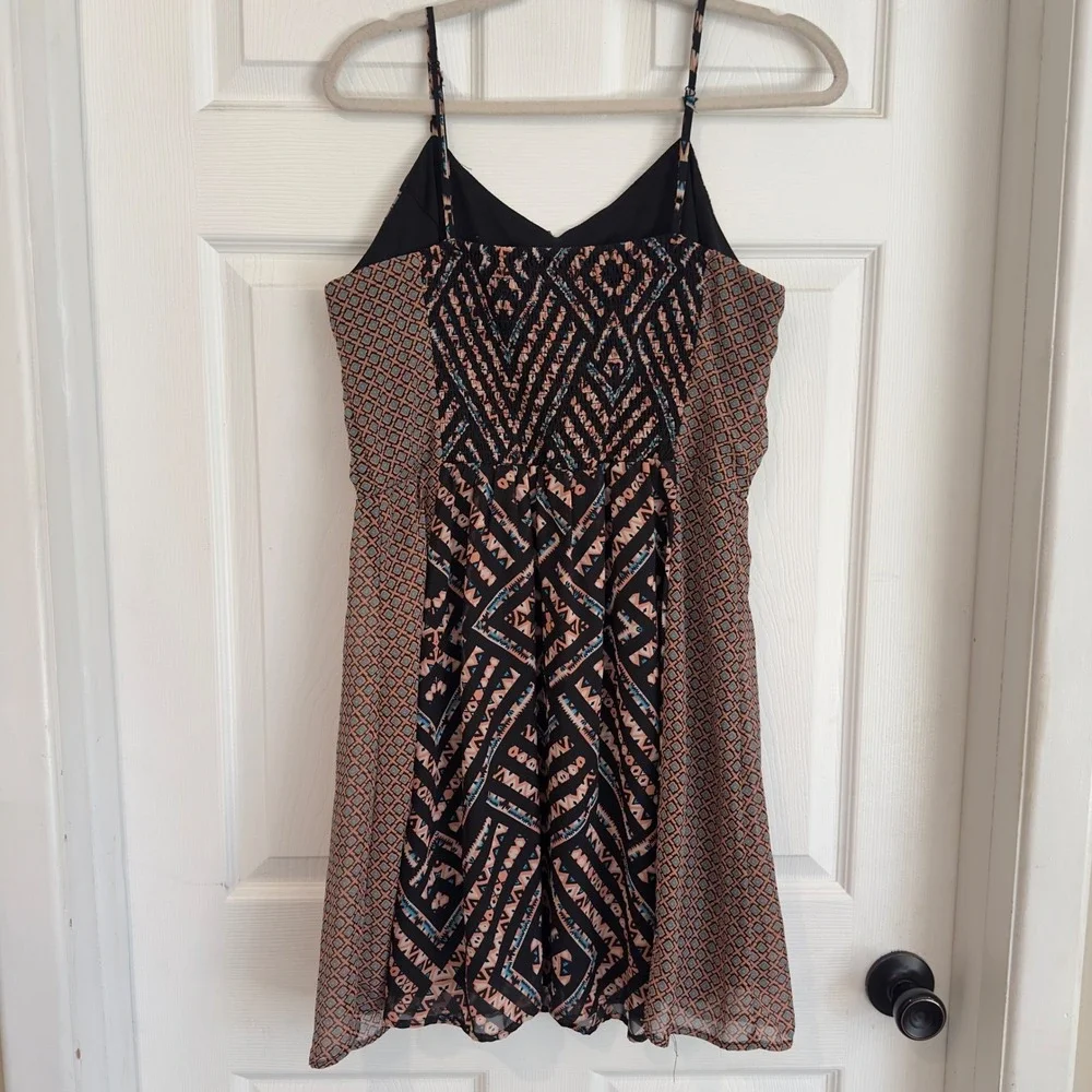 Free People Womens Large Geometric Tribal Print Smocked Back Mini Dress Black L